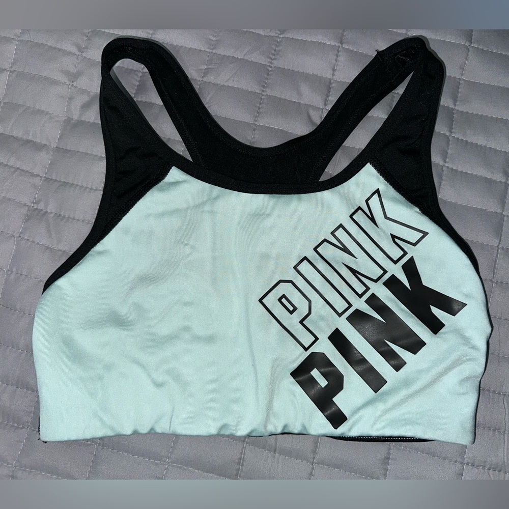 PINK Victoria's Secret Women's Black and Mint Green Sports Bra